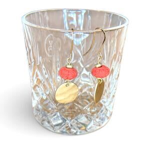 Carved Coral and Gold Dangle Earrings